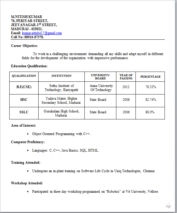 Latest resume models for freshers download